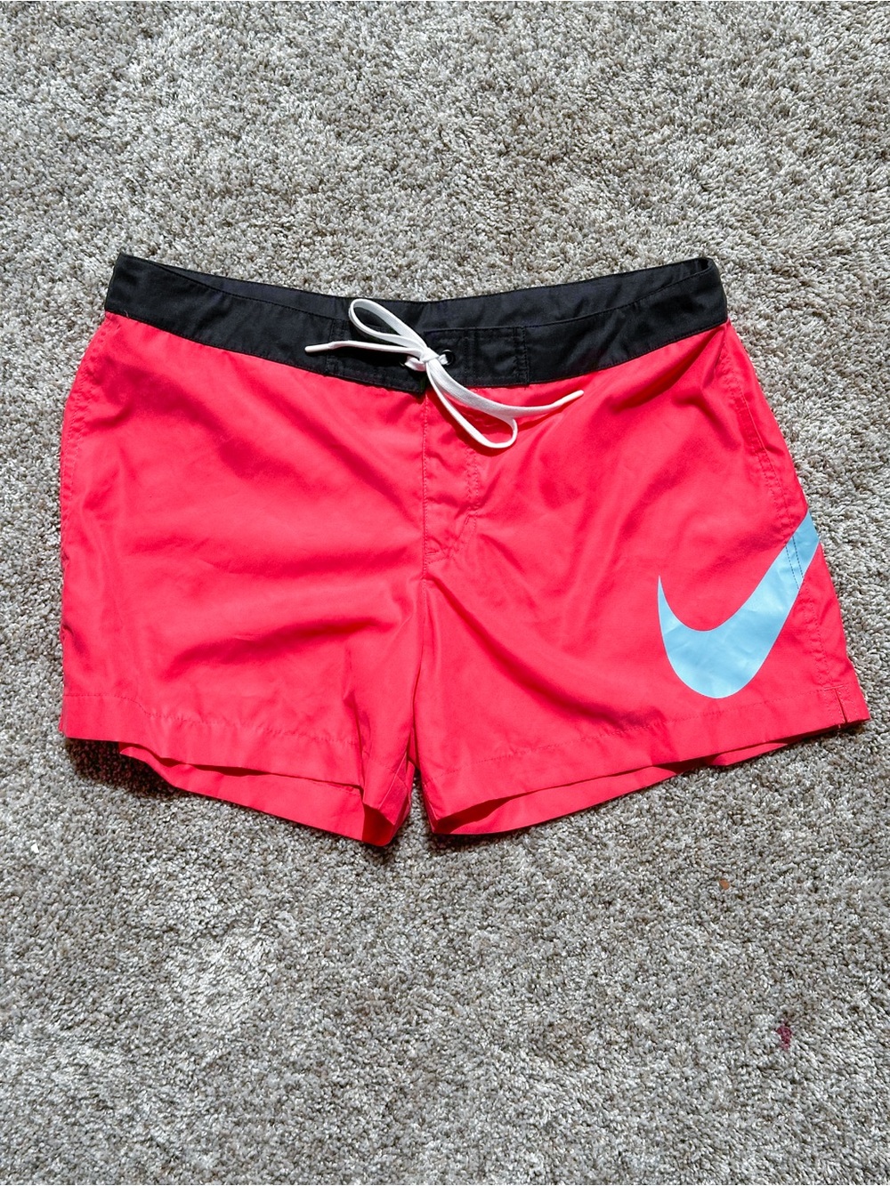 Nike Coral Swim Shorts with Black Waistband and Light Blue Swoosh - Size L